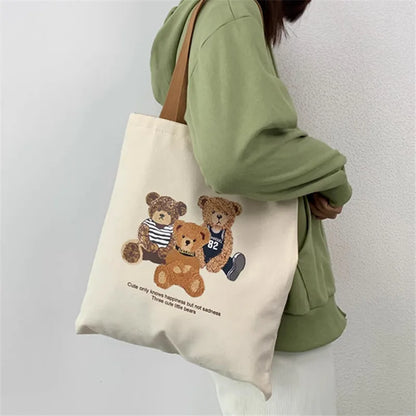 Bear Print Canvas Tote Bag – Large Capacity Shoulder Bag