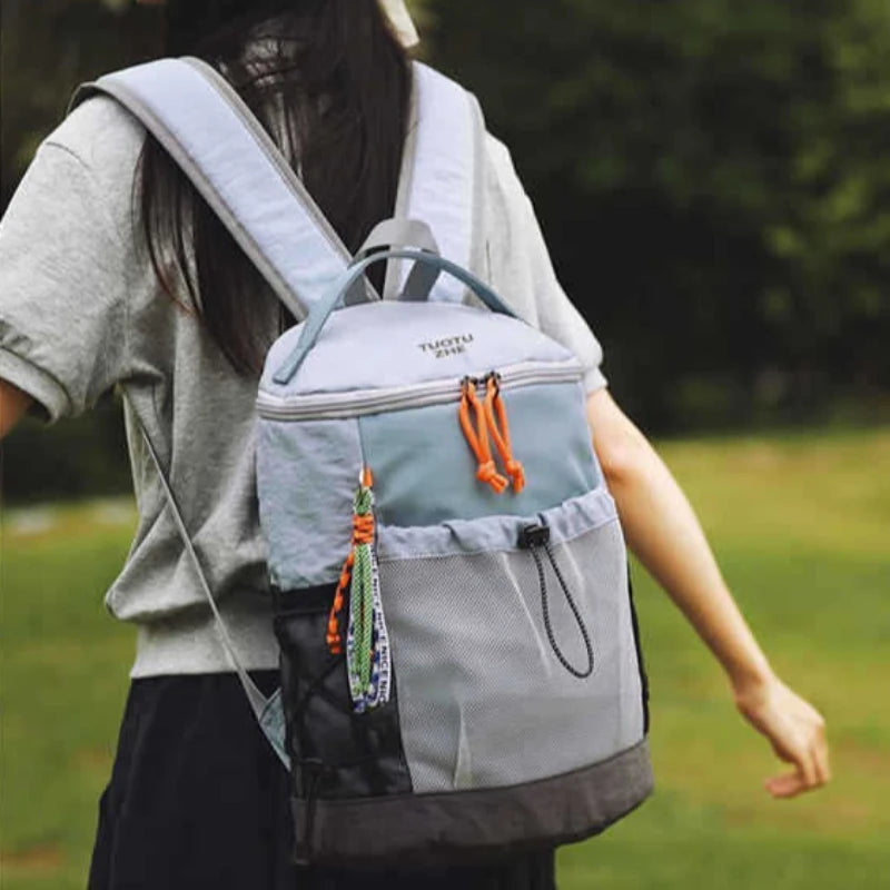 Color Block Nylon Backpack Mesh Pocket Orange Drawstring Adjustable Straps Student School Outdoor
