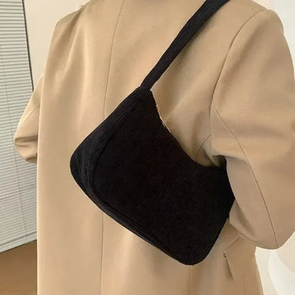 Minimalist Corduroy Versatile Bag Chain Accent Underarm Bag Zipper Closure Casual Shoulder Purse