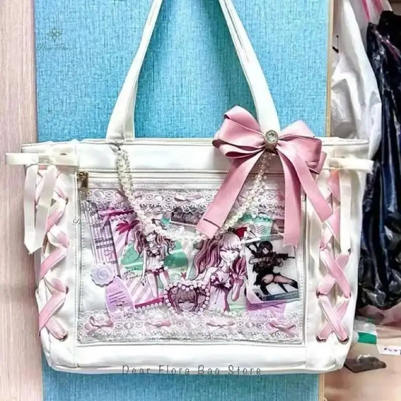 Japanese Sweet Women Ribbon Ita Bag Cute Lolita Girl Transparent Handbags Large Capacity Tote