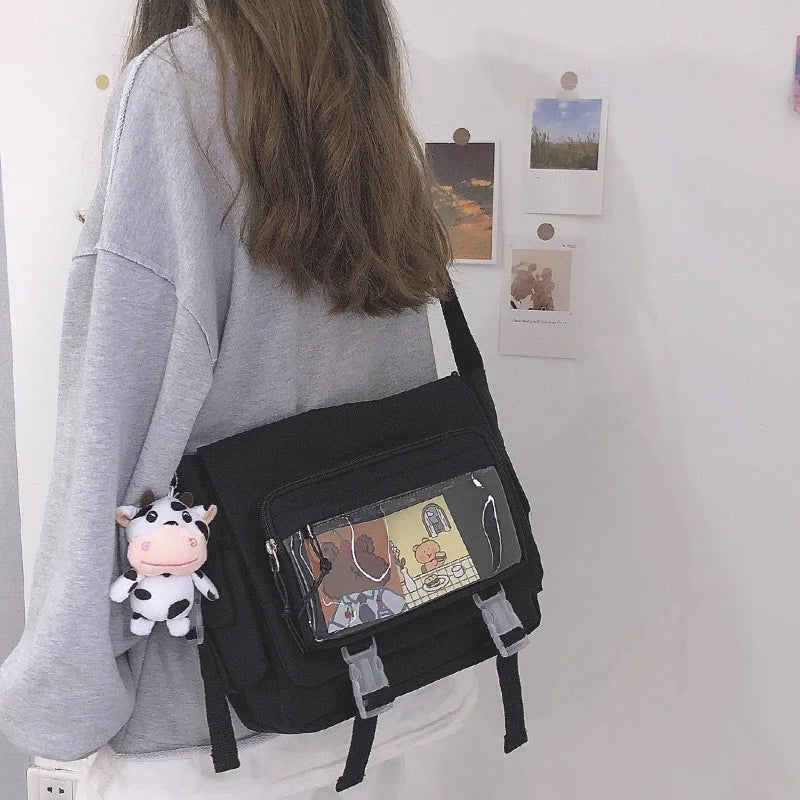 Kawaii Japanese Nylon Crossbody Bag with Transparent Pin Pocket