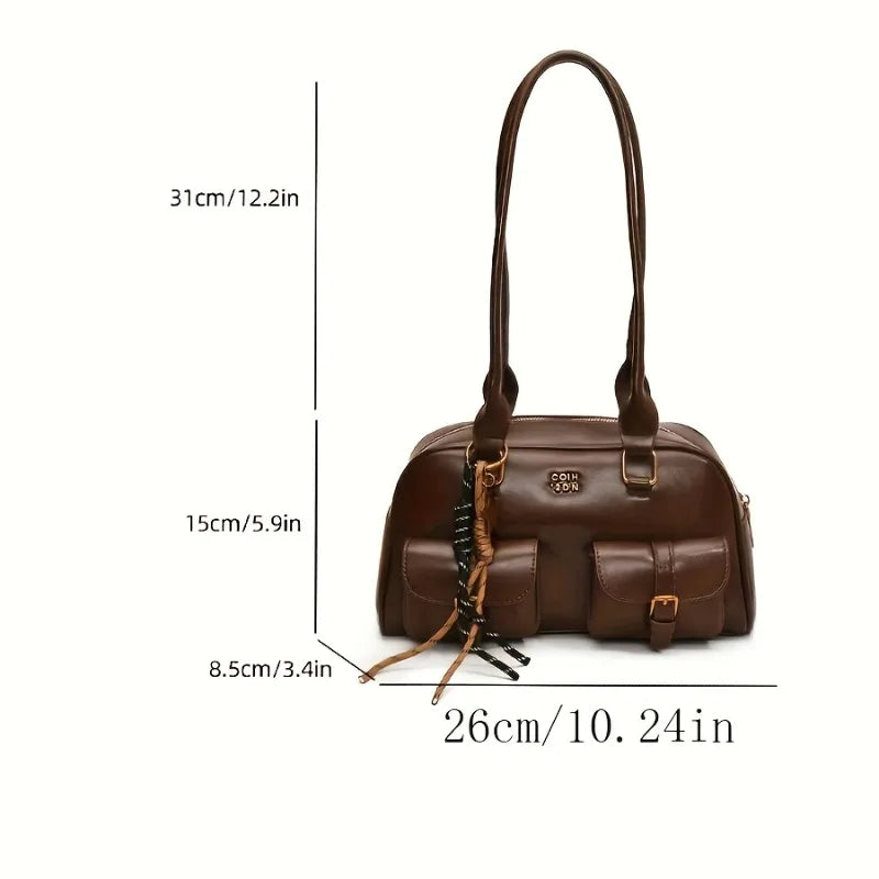Multi-Pocket Shoulder Bag with Gold Hardware & Letter Detail