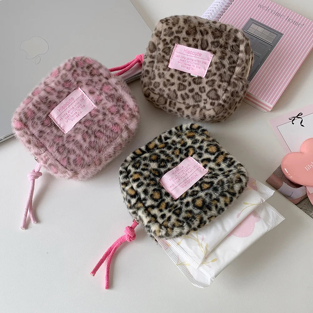 Retro Plush Square Leopard Print Makeup Bag Cute Winter Girl Portable Sanitary Cotton Storage Wallet