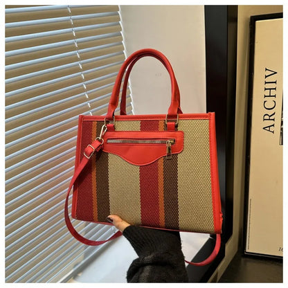 Chic Striped Canvas Tote Bag Work Weekend Every Premium Pu Leather Trim