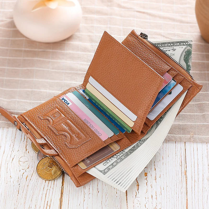 Ladies Short Wallet Soft Leather Top Layer Cowhide Anti-Theft Brush - Soft