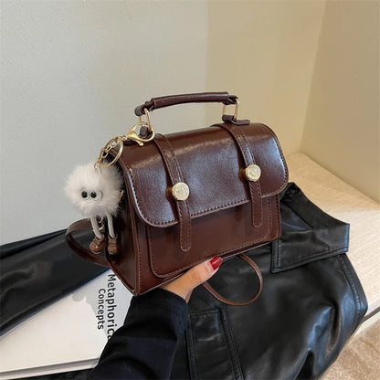 Vintage Crossbody Bag – Faux Leather Shoulder Bag with Plush Charm & Gold Button Detail