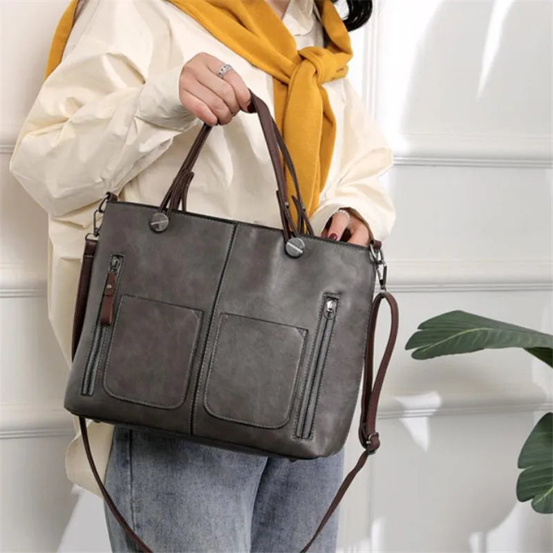 Retro Leather Tote Bag – Dual Pocket Zipper Shoulder Handbag