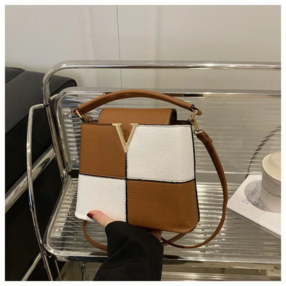 Colorblock Bucket Bag – Mini Crossbody Handbag with Gold V Accent