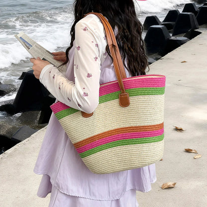 Vacation Beach Women Handbag Vibrant Color Stripe Tote Bag Woven Straw Large Capacity Shoulder