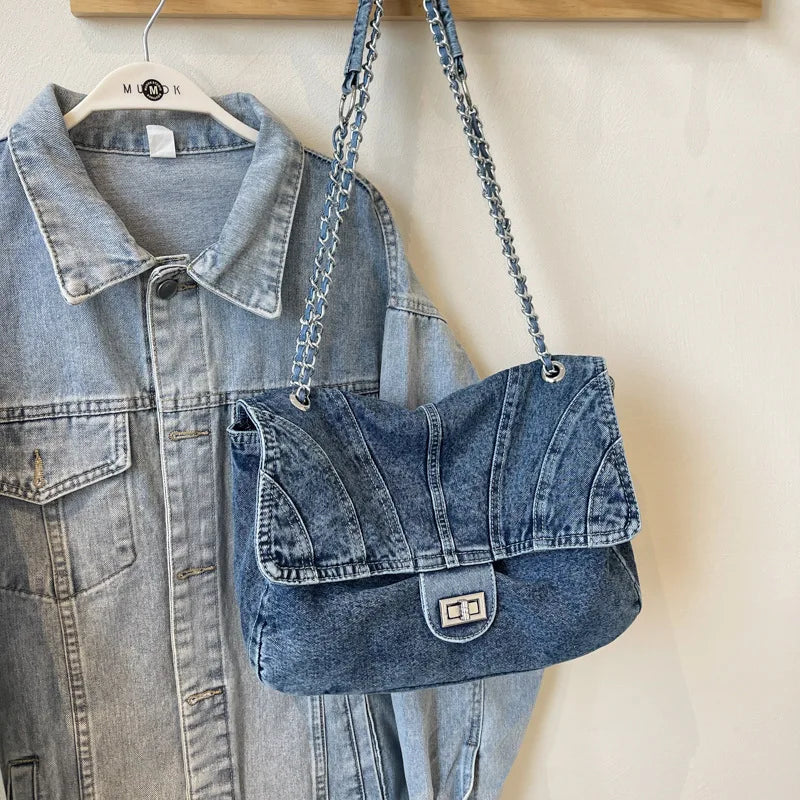 Denim Buckle Women S Large-Capacity Casual Crossbody Bag Student Commuting Tote Bag