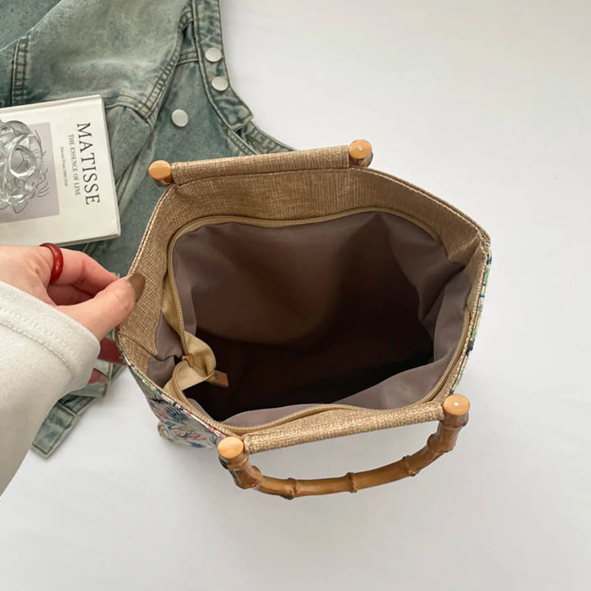 Vintage Artistic Embroidery Floral Pattern Shoulder Bag Bamboo Handle Women Tote Soft Fabric Handbag