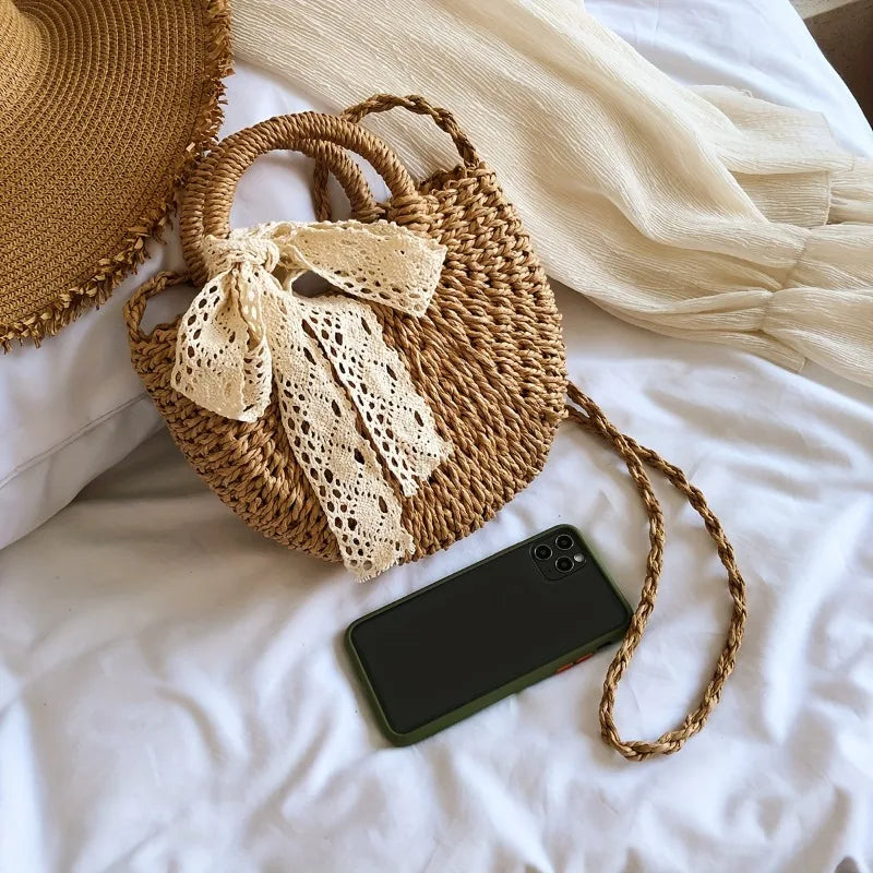 Straw Crossbody Bag with Lace Bow – Women's Summer Beach Purse