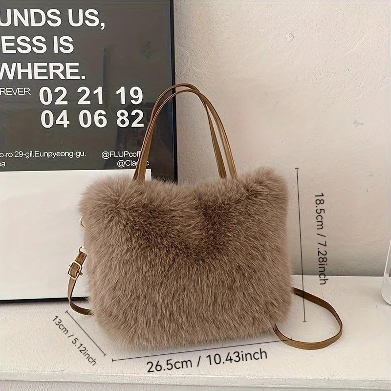 Faux Fur Handbag with Detachable Strap - Plush Tote Bag