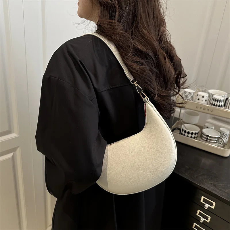Minimalist Brown Crescent Underarm Bag Soft Leather Shoulder Purse Detachable Strapfor Woman Daily
