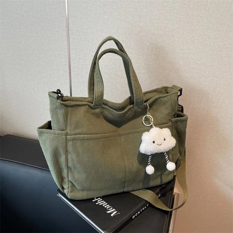 Corduroy Tote Bag with Zipper – Women's Shoulder & Crossbody Handbag