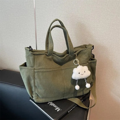 Corduroy Tote Bag with Zipper – Women's Shoulder & Crossbody Handbag