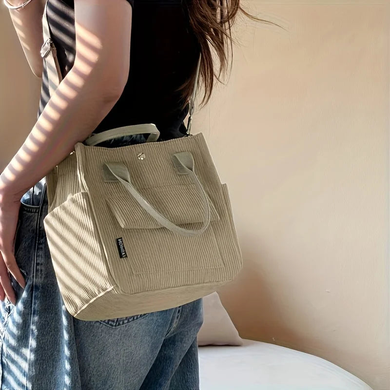 Large Capacity Corduroy Shoulder Bag with Side Pockets