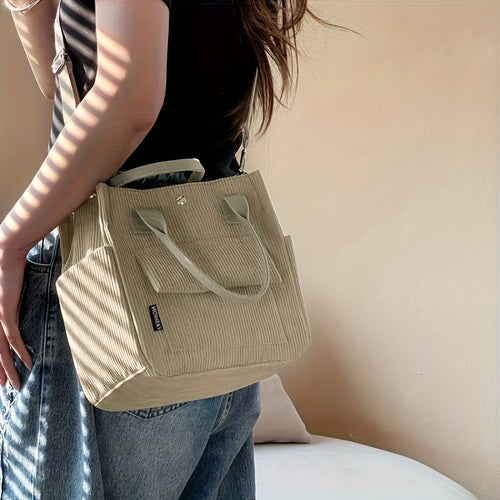 Large Capacity Corduroy Shoulder Bag with Side Pockets