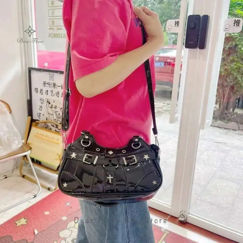 Y2K Ita Shoulder Bag – Transparent Pocket Underarm Handbag with Star & Cross Detail