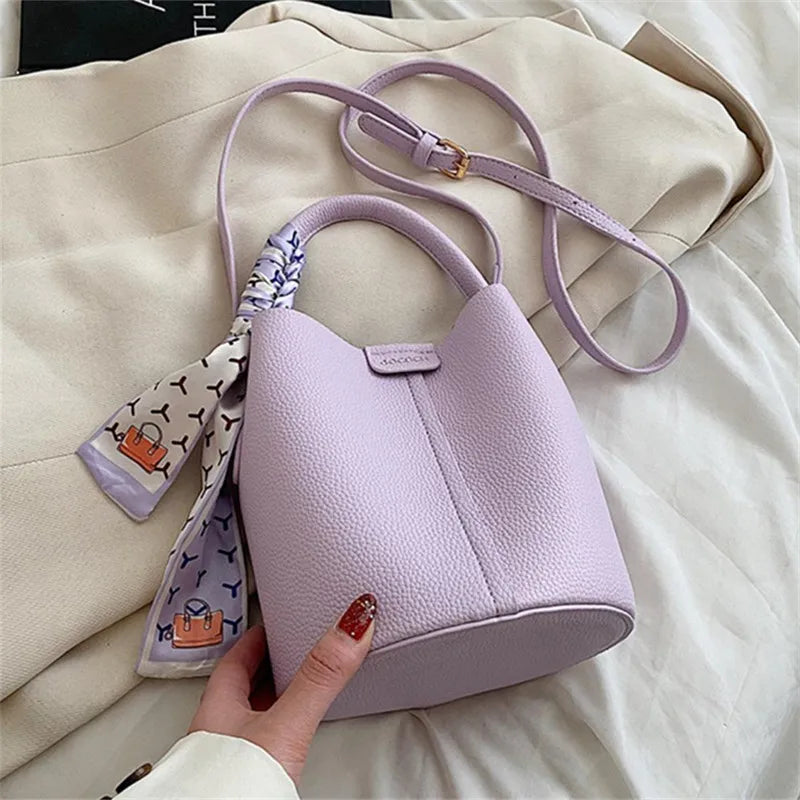 Elegant Bucket Handbag Shoulder Bag Silk Scarf Fashionable Faux Leather Tote Crossbody Bags Women S