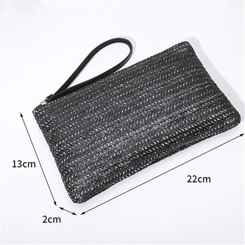 Straw Woven Clutch Bag – Slim Zipper Wristlet Purse for Women