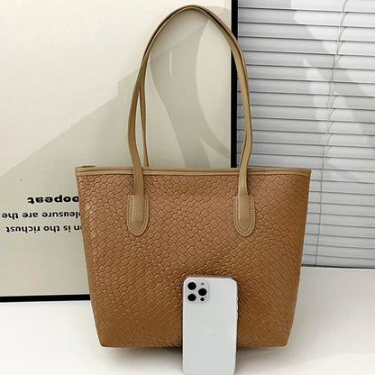 Retro Trendy Women Tote Bag Solid Color Glossy Pu Handbags Woven Texture Large Capacity Shopping