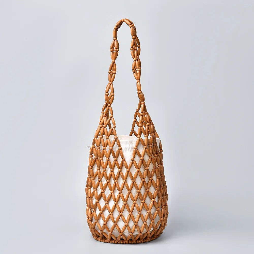 Handmade Woven Beaded Bucket Bag Contrast Color Mesh Shoulder Tote Casual Beach Vacation Handbag