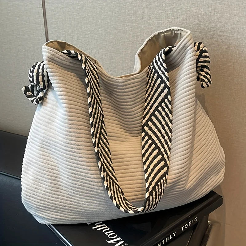 Women's Corduroy Tote Bag – Casual Shoulder Handbag with Striped Handles