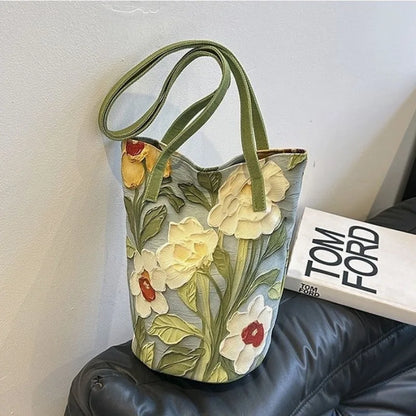 Floral Canvas Tote Bag for Women – Large Capacity Shoulder Bag