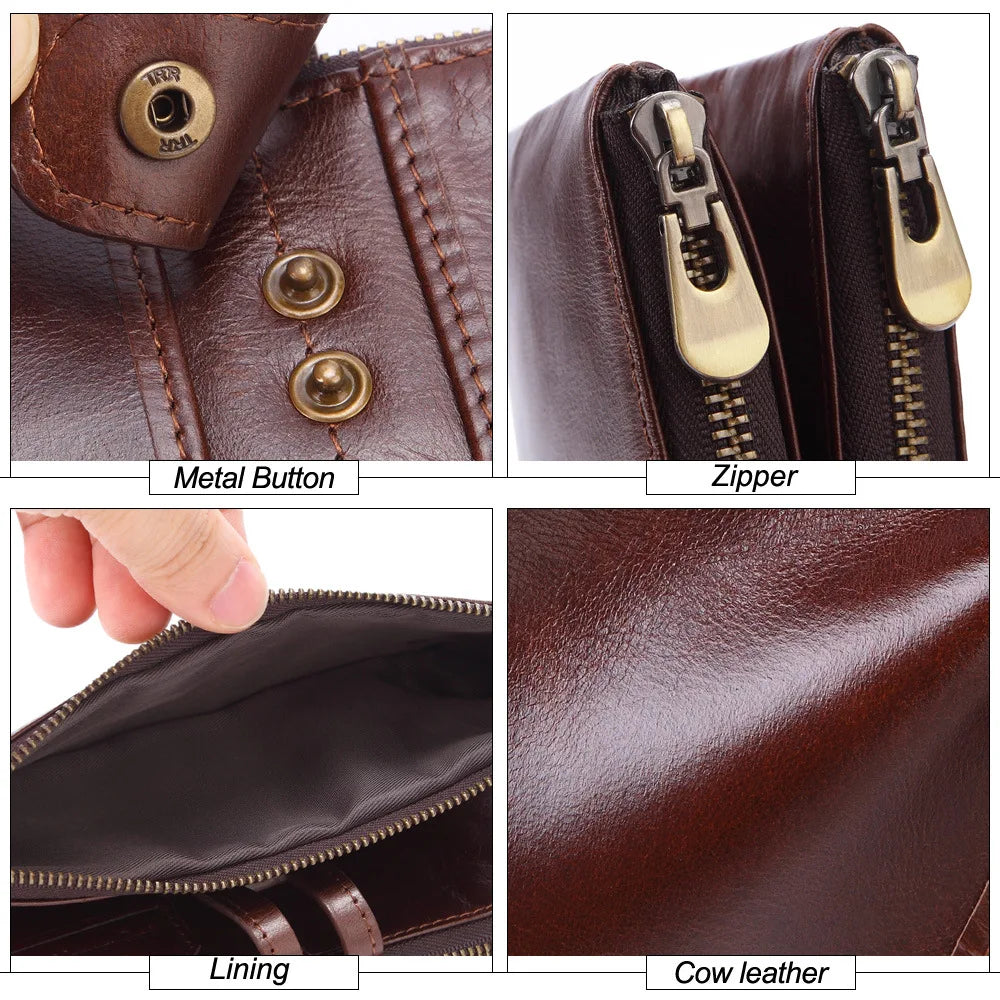 Men S Long Wallet Large Capacity Retro Real Leather Mobile Phone Storage Buckle Handheld Business