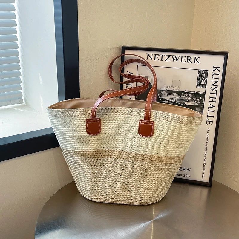 Vacation Beach Handbag Woven Stripe Pattern Women Tote Bag Large Capacity Versatile Shoulder Summer