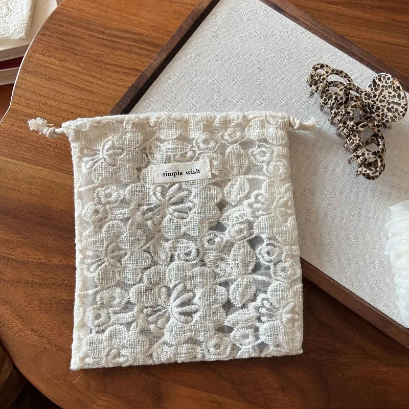 Lace Drawstring Makeup Pouch – Vintage Floral Hollow Design