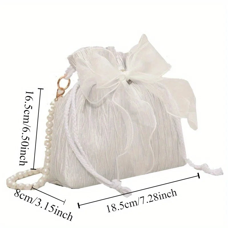 Canvas Crossbody Bag with Bowknot & Faux Pearl Chain