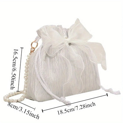 Canvas Crossbody Bag with Bowknot & Faux Pearl Chain