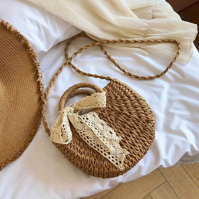 Straw Crossbody Bag with Lace Bow – Women's Summer Beach Purse