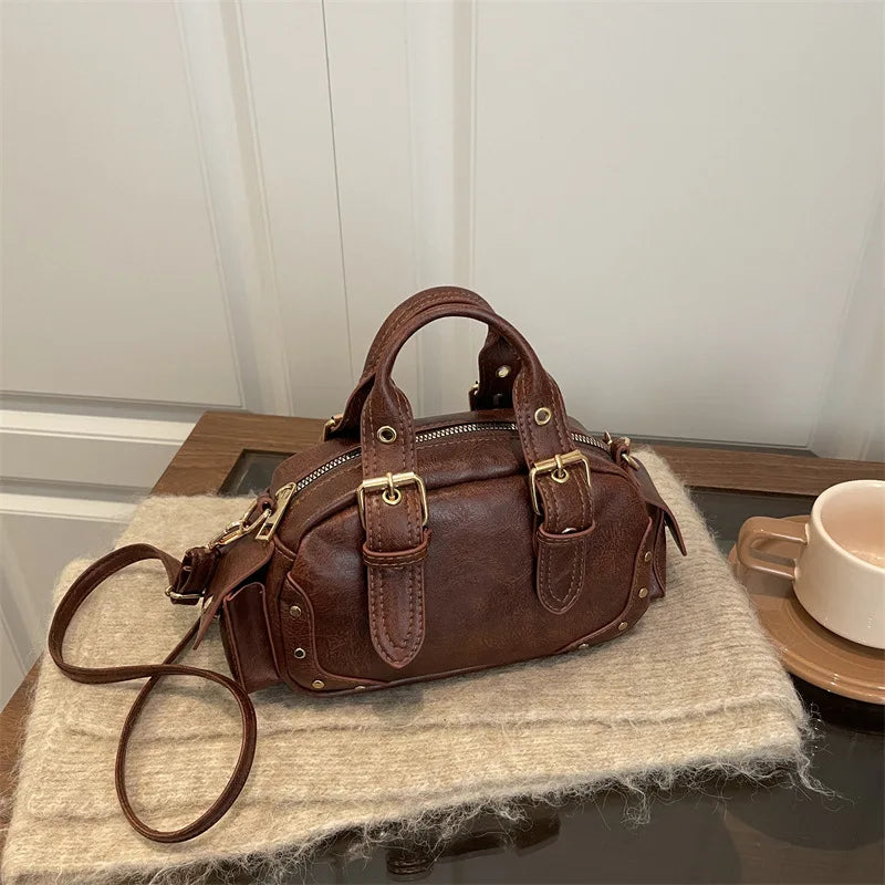Women S Retro Shoulder Bag Cool Studded Decor Motorcycle Exquisite Versatile Bowling Multiple