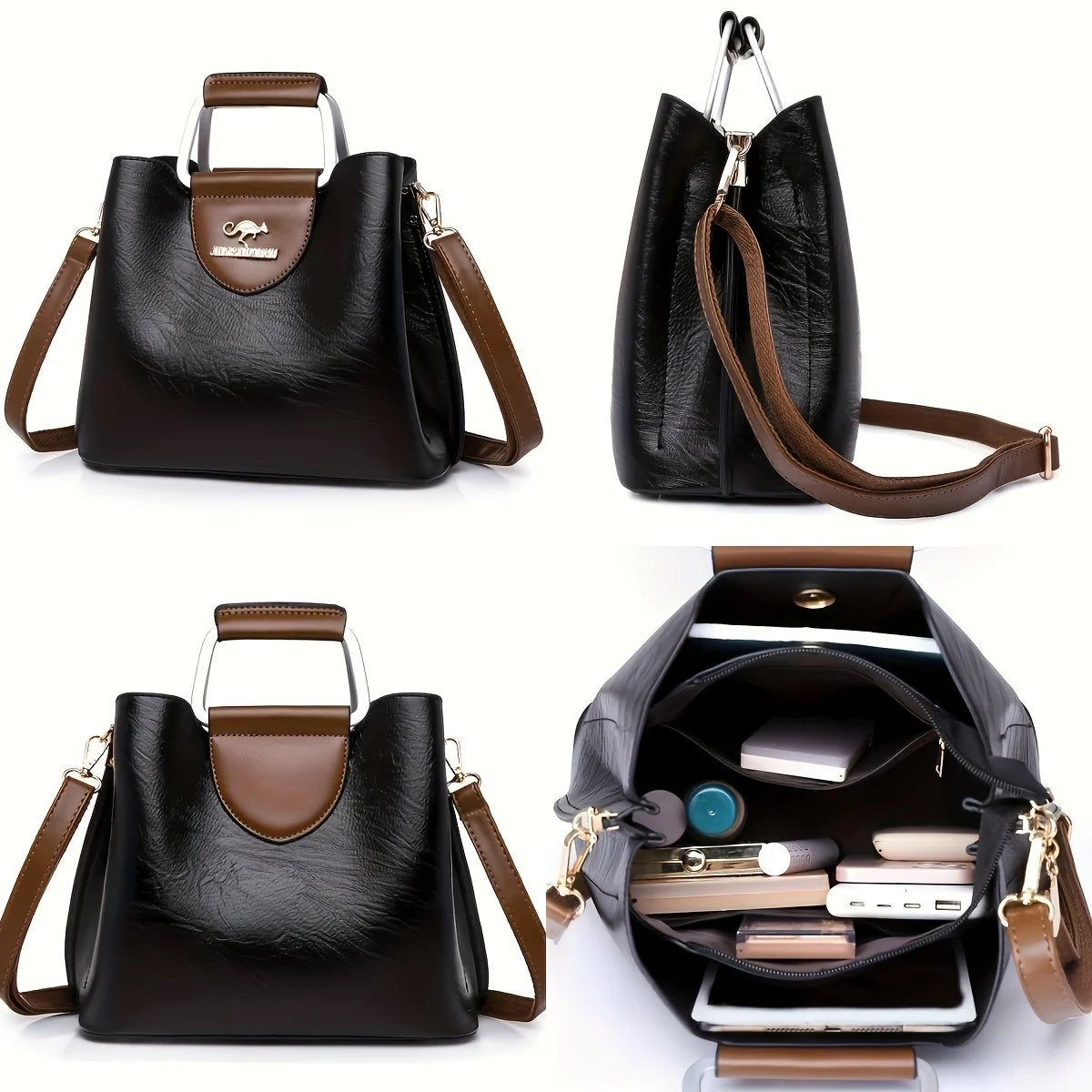 Leather Tote Bag – Vintage Two-Tone Crossbody Handbag for Women