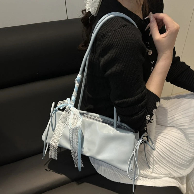 Faux Leather Shoulder Bag – Lace Ribbon Bow Tote Handbag