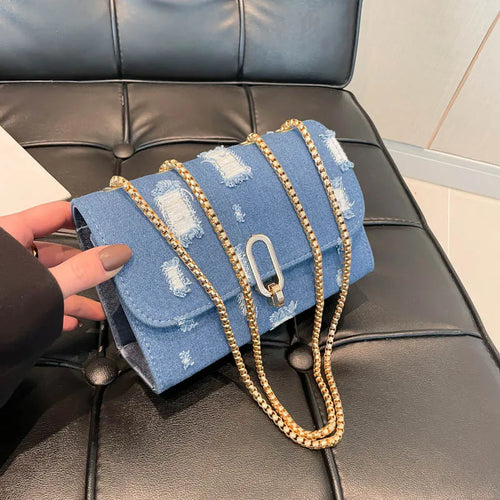 Distressed Denim Crossbody Bag with Gold Chain – Women's Small Square Shoulder Bag