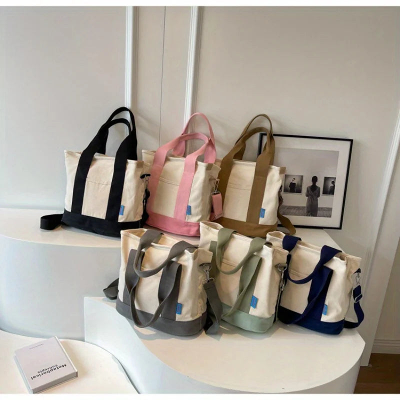 Colorblock Canvas Crossbody Bag – Large Capacity Shoulder Tote