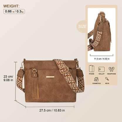 Textured Crossbody Bag – Faux Leather Shoulder Bag with Patterned Strap & Tassel Detail