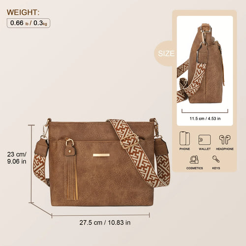 Textured Crossbody Bag – Faux Leather Shoulder Bag with Patterned Strap & Tassel Detail