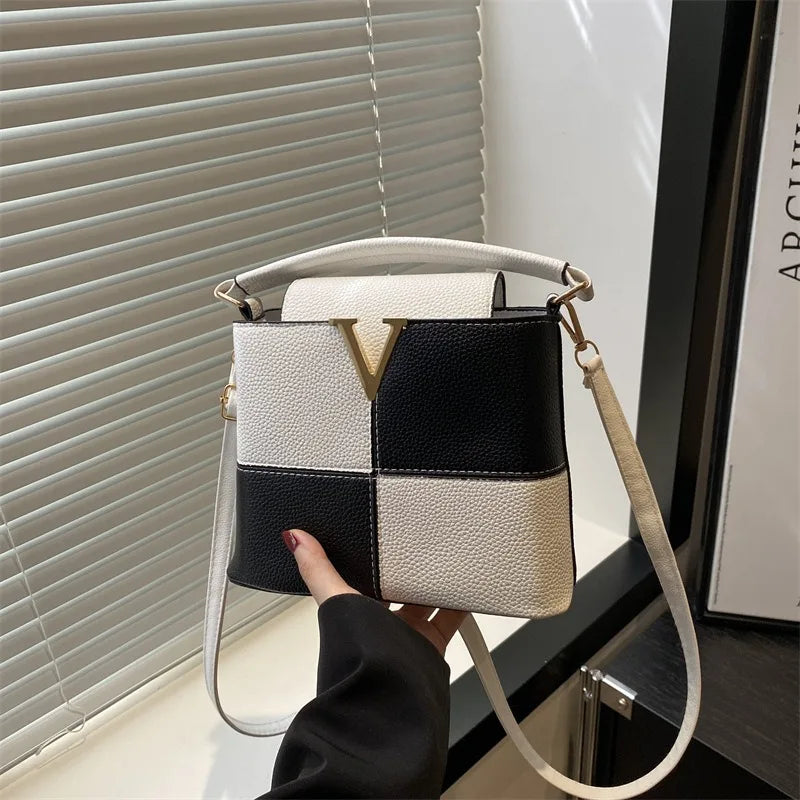 Colorblock Bucket Bag – Mini Crossbody Handbag with Gold V Accent