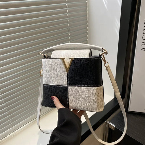 Colorblock Bucket Bag – Mini Crossbody Handbag with Gold V Accent