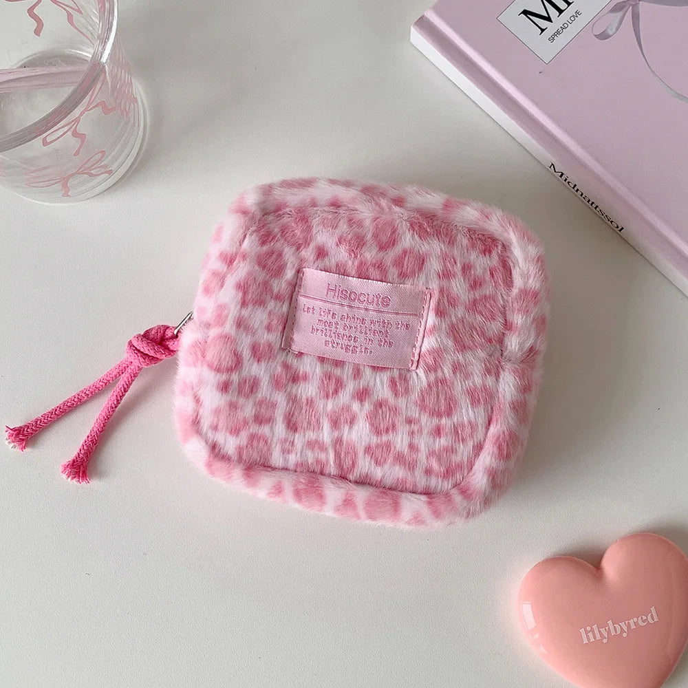 Retro Plush Square Leopard Print Makeup Bag Cute Winter Girl Portable Sanitary Cotton Storage Wallet
