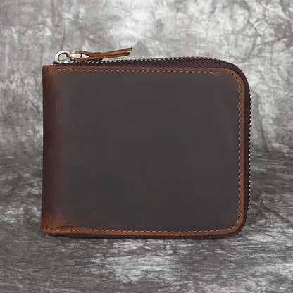 Crazy Horse Leather Men S Zipper Wallet Vertical Style Genuine Leather Cowhide Retro Handmade Change