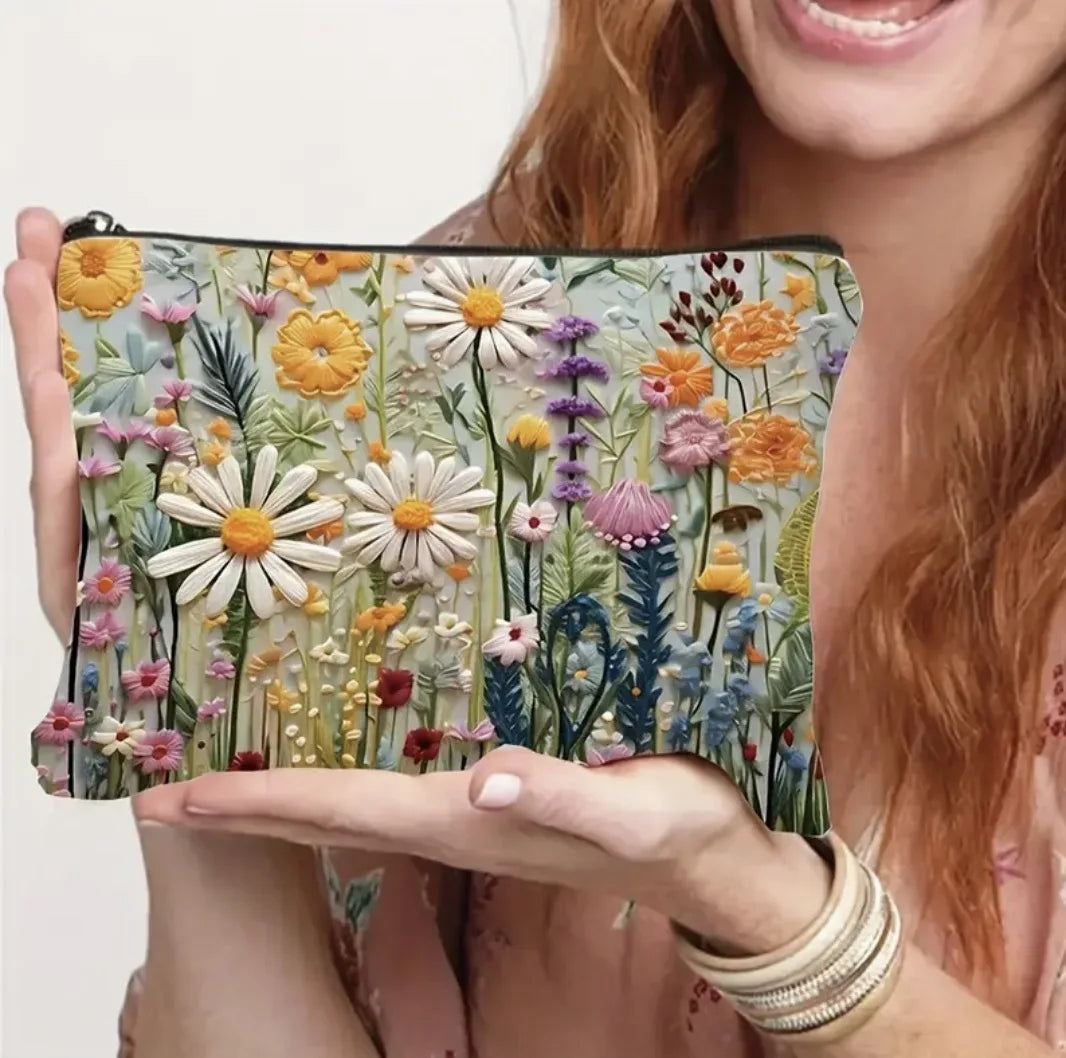 Colorful Flowers Pattern Makeup Bag 3d Floral Coin Purse Double Sided Print Clutch Women Travel Bag