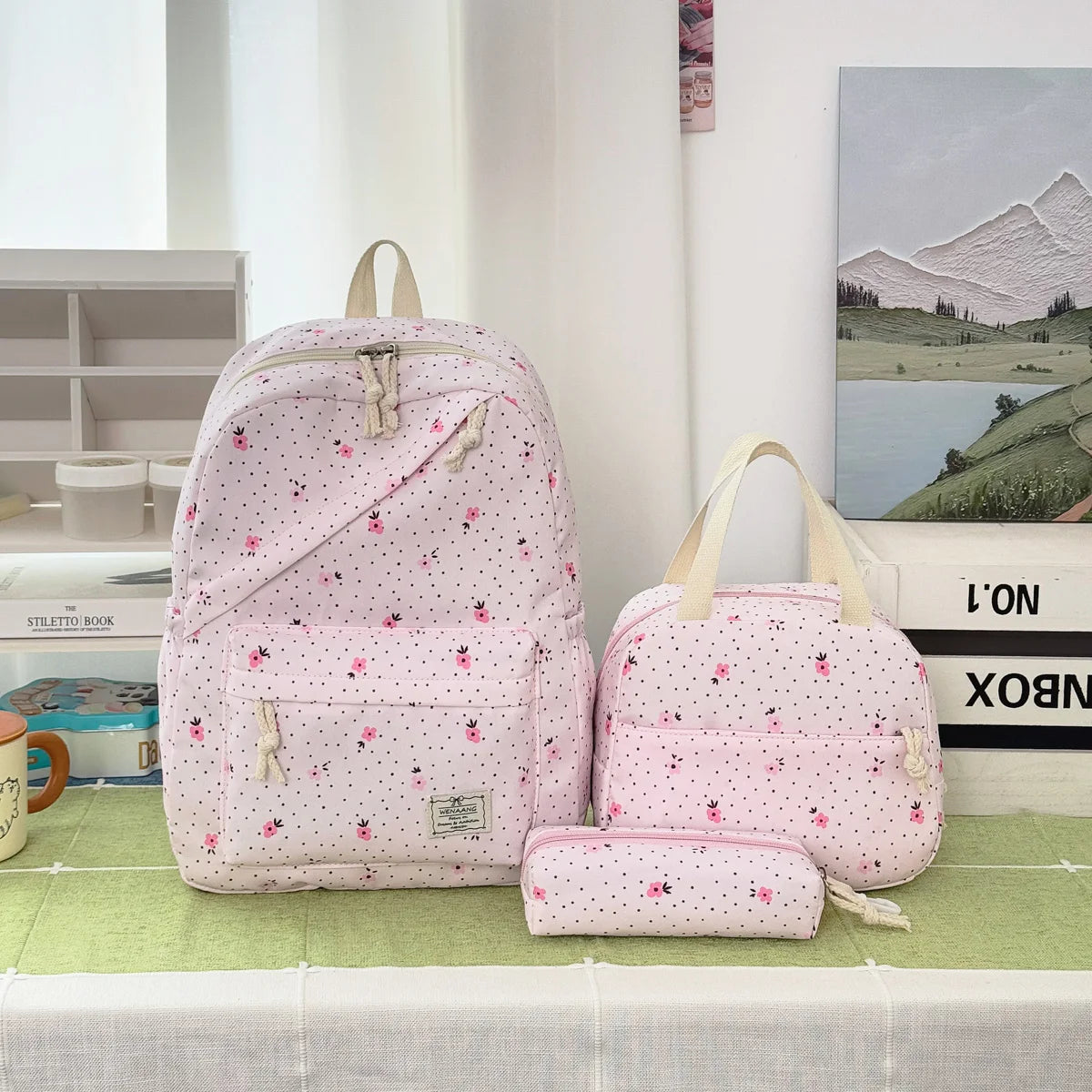 Gentle Sweet Wavelet Dot Strawberry Printed Three Piece Backpack Lightweight Multifunctional Cute