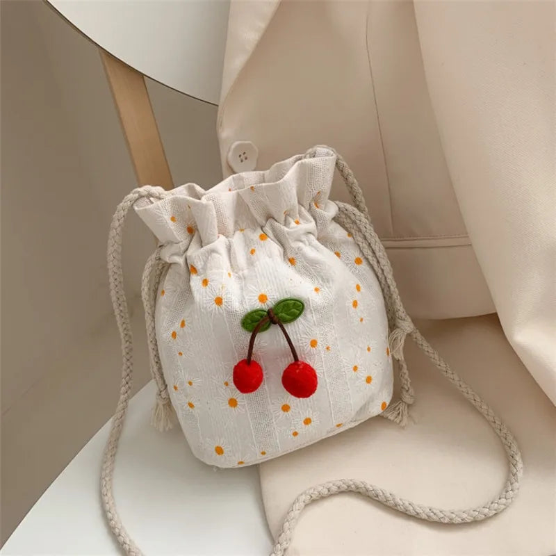 Cherry Drawstring Bucket Bag – Cute Print Crossbody