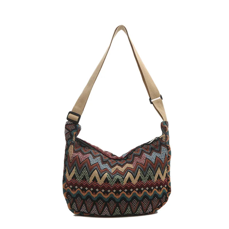 Boho Canvas Shoulder Bag – Adjustable Strap with Fur Ball Charm